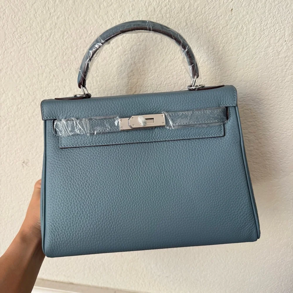 LEATHER INSIDE & OUT | Blue 28 Belted Pebble Leather Top Handle Bag w/ Silver HW
